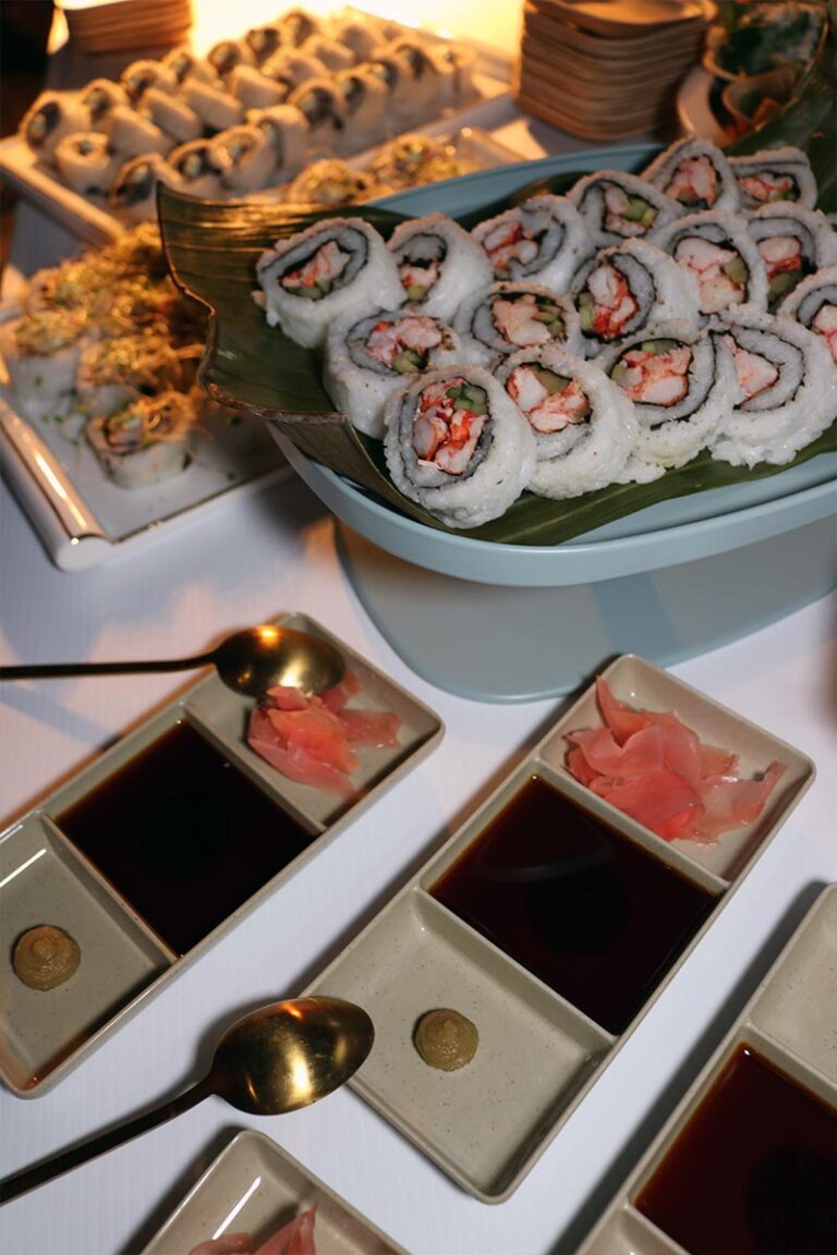 Sushi and raw bar display at Highwater Rooftop corporate reception