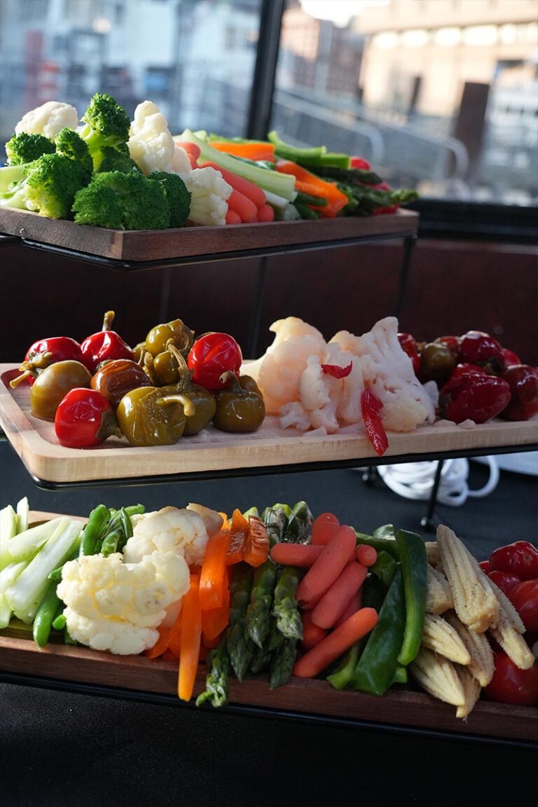 Elegant rooftop wedding reception catered by Selene Catering at Highwater Rooftop in NYC